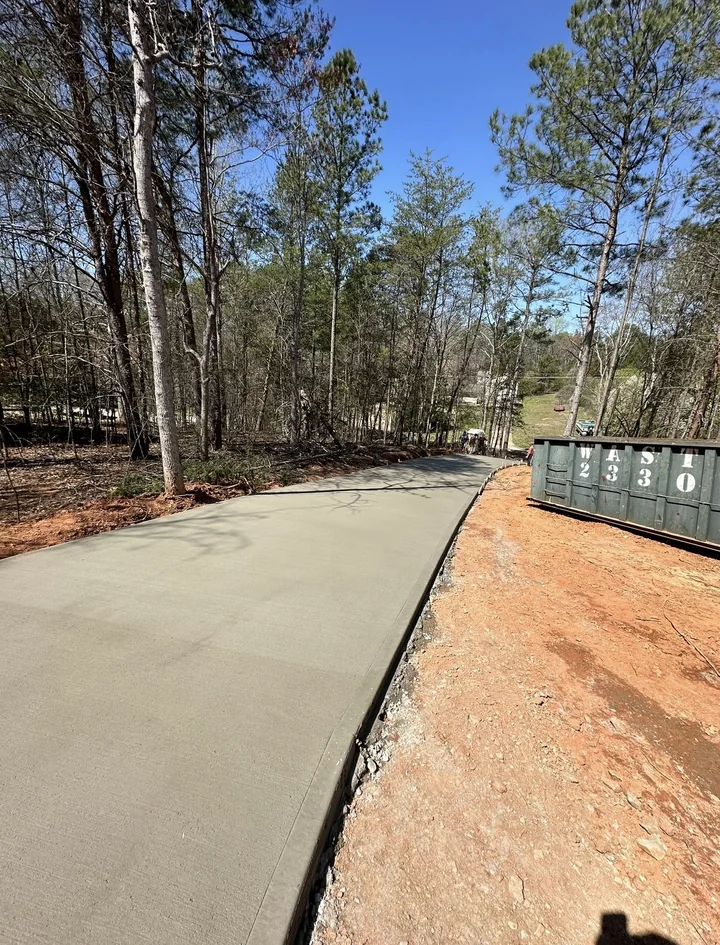 Long concrete walkway beside a wooded residential property